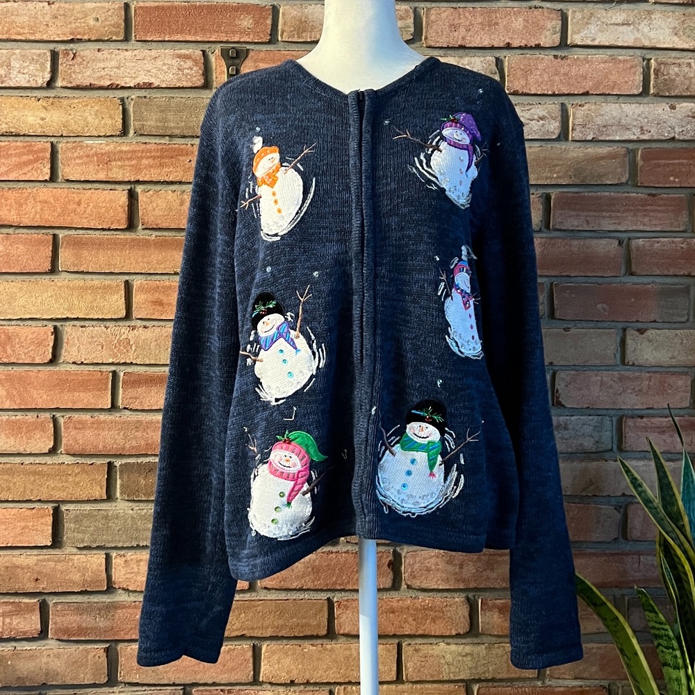Tiara International Christmas Collection Snowman Zip-Up Cardigan Size Large